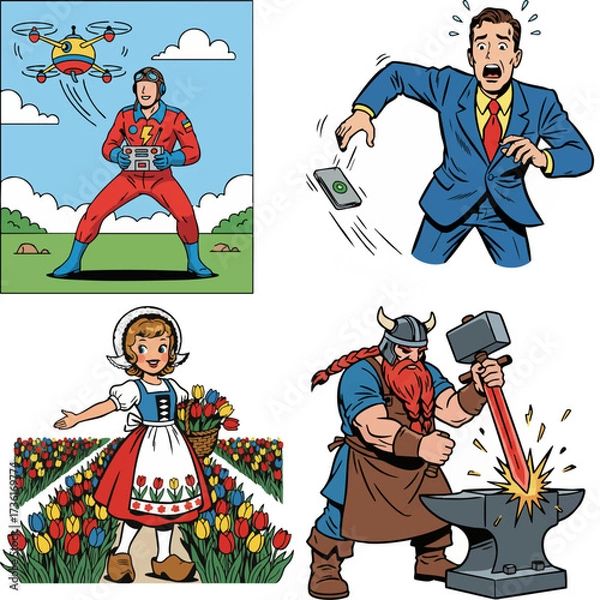 Fototapeta The Drone Pilot,The Dropped Phone,The Dutch Tulip Girl,The Dwarf Blacksmith