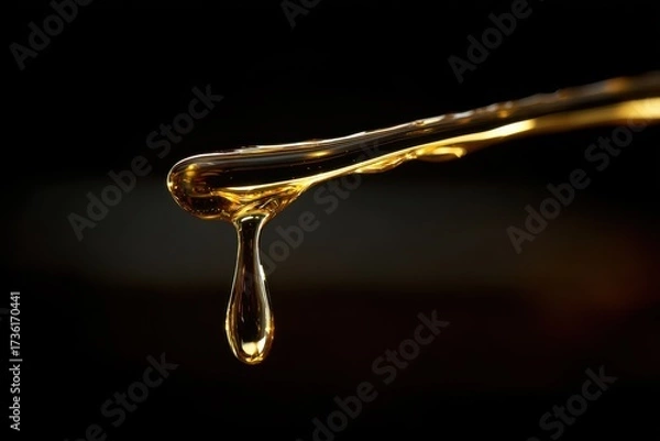 Fototapeta Golden Honey Droplet Suspended from a Stirrer Against a Dark, Moody Background.
