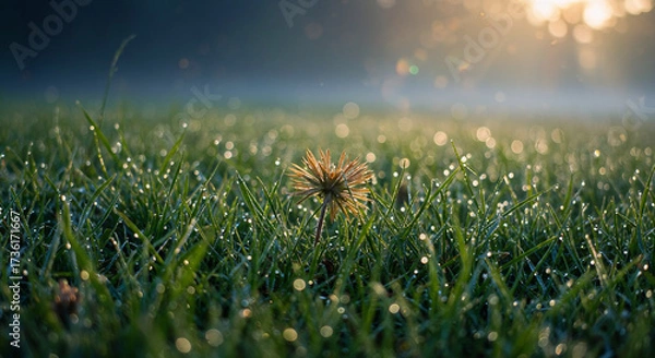 Fototapeta Golden Light Illuminates a Lone Dandelion Amid Dewy Grass and Serene Morning Calm