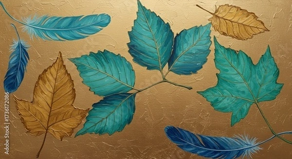 Fototapeta Teal leaves pattern on gold — elegant botanical seamless background