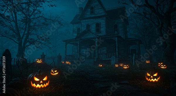 Fototapeta A haunted house exterior with glowing jack-o’-lanterns and eerie moonlight
