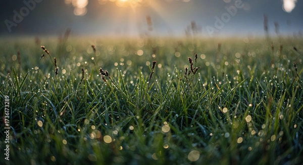 Fototapeta Morning Tranquility in a Sunlit Meadow with Blossoms, Bokeh, and Glowing Horizon