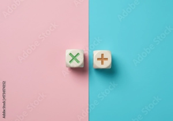 Obraz Two dice with symbols on a split colored background