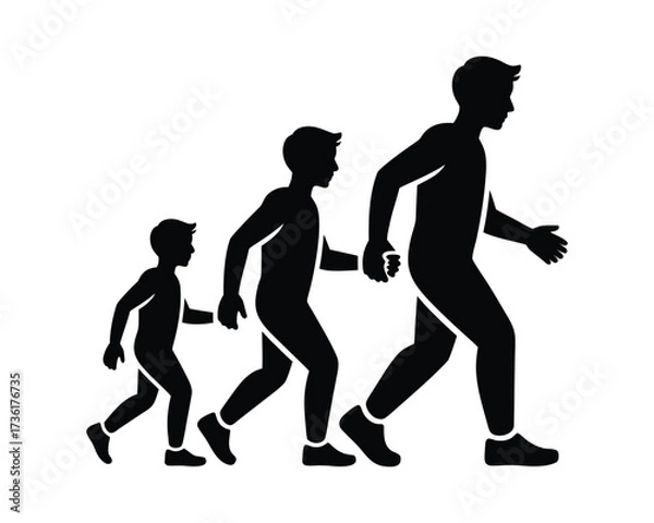 Fototapeta Age Progression Timeline: Walking Figures Showing Developmental Stages from Youth to Adulthood Editable Vector Silhouette Art