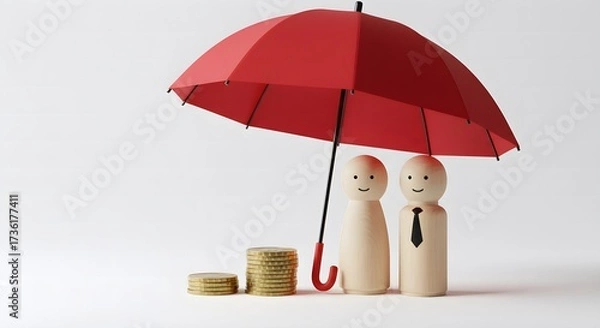 Obraz Financial protection concept with umbrella, wooden figures, and coins.