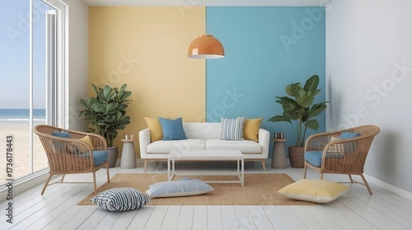 Fototapeta Colorful Coastal Living Room with Bright Accents and Modern Decor