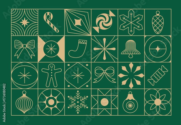 Fototapeta Vector Christmas and New Year design templates for advent calendars, greeting cards, packaging, prints, banners, and minimal graphics in a linear style