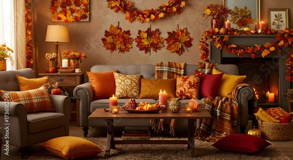 Fototapeta Beige Couch and Fall Decor Create a Cozy, Inviting Atmosphere in Autumn Living Room