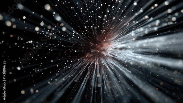 Fototapeta Abstract particle explosion creating light rays in dark space