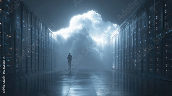 Fototapeta Man walking through data center to cloud computing