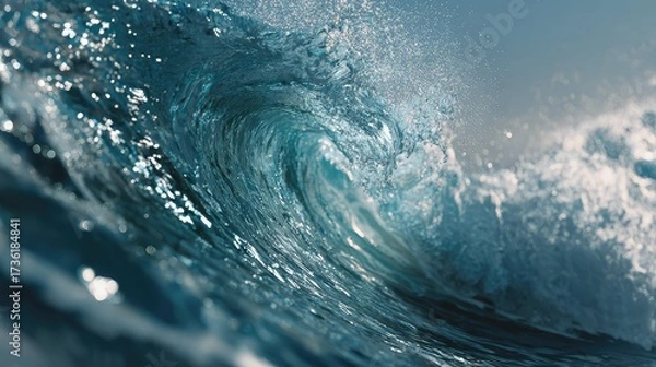 Fototapeta Powerful ocean wave breaking with clear blue water