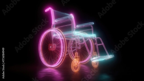 Fototapeta Wheelchair glowing with neon lights achieving accessibility