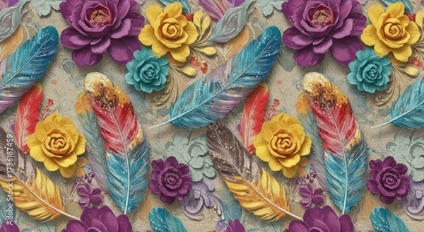 Fototapeta Embossed feathers and roses pattern — colorful ornamental floral background