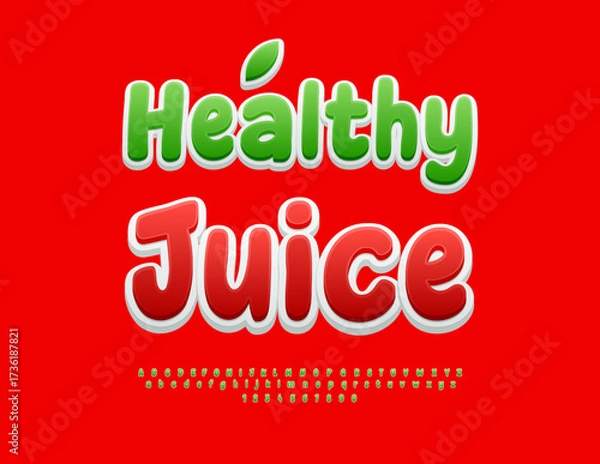 Fototapeta Vector Bright sticker Healthy Juice. Artistic Green Font. Funny  Alphabet Letters and Numbers set.