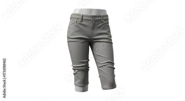 Fototapeta Isolated pair of gray cropped pants, displayed on a mannequin against a white background.