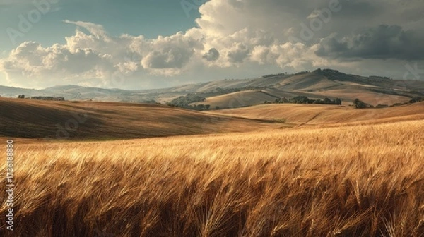 Fototapeta Golden Wheat Field Under Dramatic Tuscan Sky with Rolling Hills.