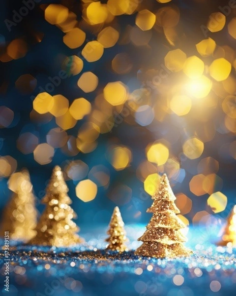 Fototapeta Christmas decoration with golden trees and blue bokeh lights, great for business templates, cards, and New Year greetings