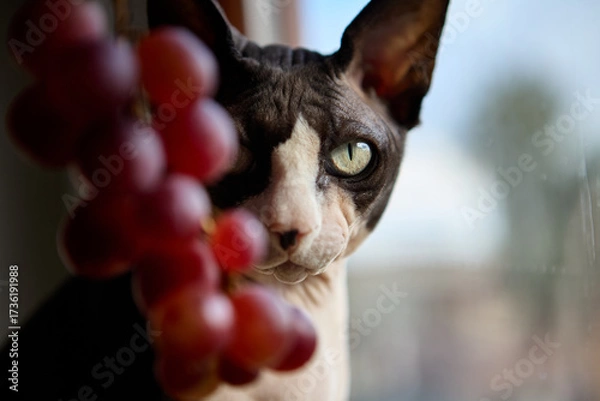 Fototapeta Sphynx cat peeking behind grapes closeup portrait