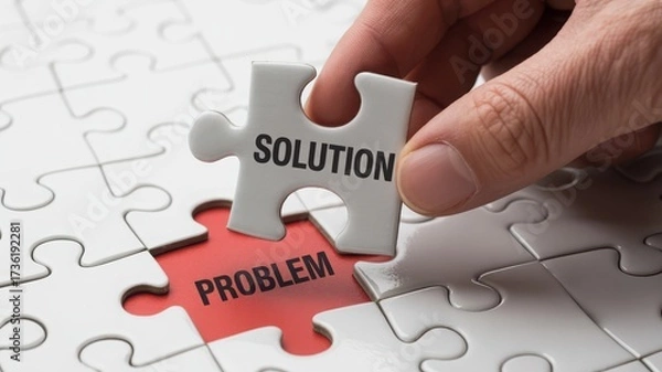 Fototapeta Hand placing solution puzzle piece solving a problem conceptual business strategy