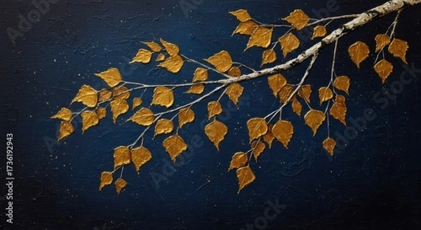 Fototapeta Golden leaves on navy background — elegant autumn branch artwork
