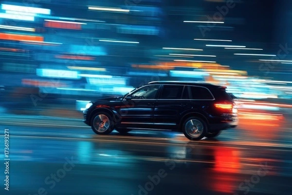 Fototapeta SUV Speeding Night City Motion Blur Glowing Light Lines