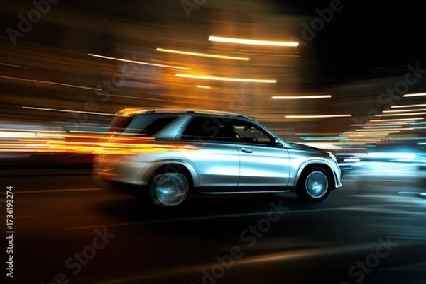Fototapeta High Speed SUV Night City Streets Motion Blur Glowing Lines