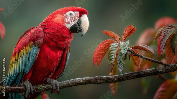Fototapeta A scarlet macaw perched on a branch with red leaves nearby.