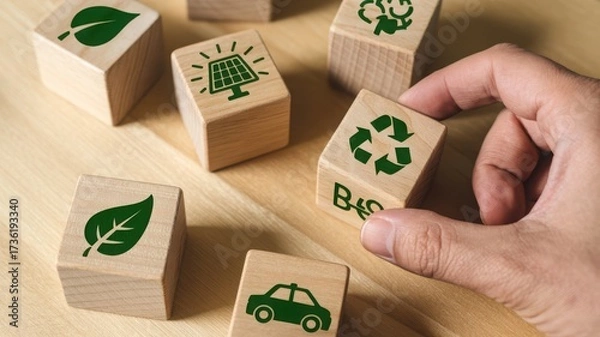 Fototapeta Hand holding a wooden block with recycle symbol eco-friendly concept sustainabili
