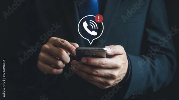 Fototapeta Man using smartphone with missed call notification business communication concept
