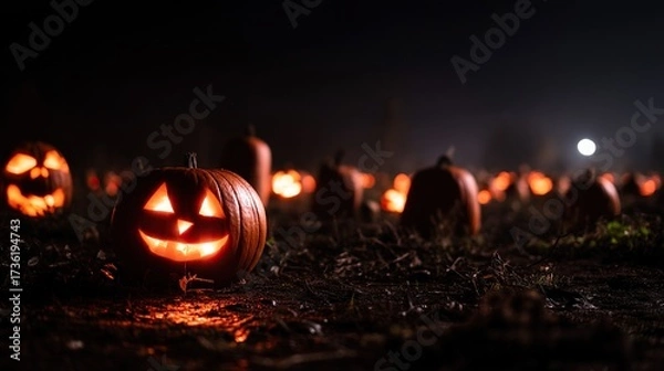 Fototapeta A dark night scene, with illuminated pumpkins in the background showing their carved faces and glowing eyes, perfect for Halloween celebrations.