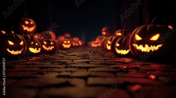 Fototapeta A dark night scene, with illuminated pumpkins in the background showing their carved faces and glowing eyes, perfect for Halloween celebrations.