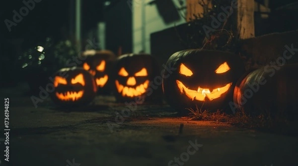 Fototapeta A dark night scene, with illuminated pumpkins in the background showing their carved faces and glowing eyes, perfect for Halloween celebrations.