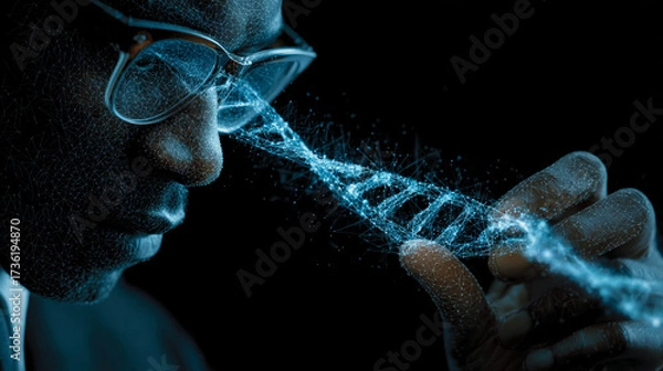 Fototapeta Man with glasses examining a glowing digital dna strand.