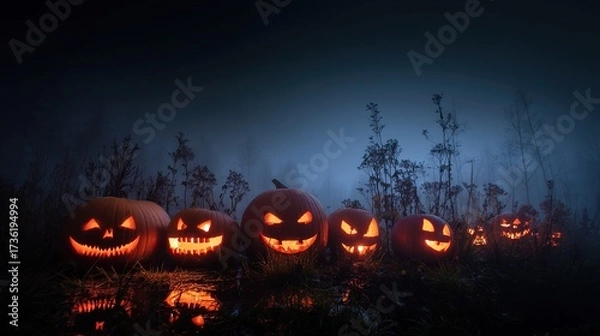 Fototapeta A dark night scene, with illuminated pumpkins in the background showing their carved faces and glowing eyes, perfect for Halloween celebrations.