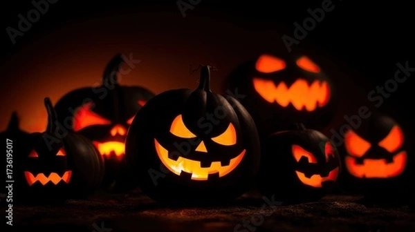 Fototapeta A dark night scene, with illuminated pumpkins in the background showing their carved faces and glowing eyes, perfect for Halloween celebrations.
