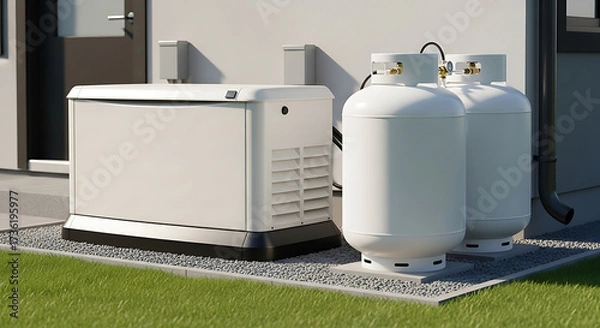 Fototapeta Residential backup generator and propane tanks sit outside a home, ready for emergency power.