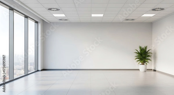 Fototapeta Empty bright office space with large window overlooking the city and a green potted plant sitting in the corner.