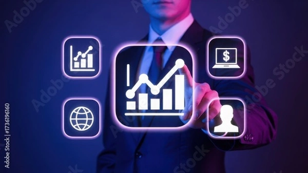 Fototapeta Businessman touching a digital chart icon business analysis and data concept glow