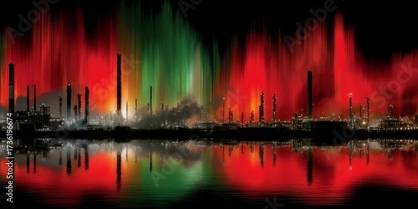 Fototapeta Vibrant Digital Representation of Oil Industry at Night with Colorful Lights and Reflections on Water