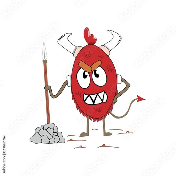 Obraz red devil character vector carrying iron spear in cartoon and cute style