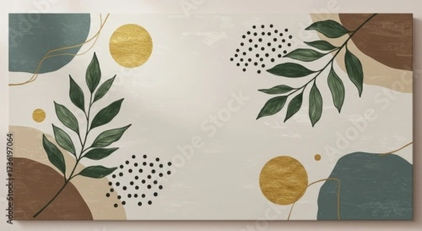 Fototapeta Minimal beige leaf and gold circle pattern — seamless abstract background