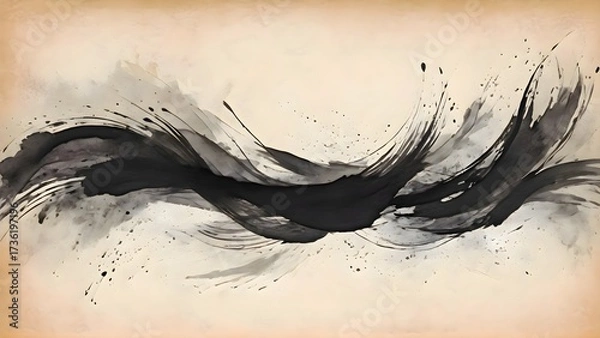 Fototapeta Black and white painting of a wave on the wall, showing abstract flowing textures, dynamic brushstrokes, and artistic visual composition with contemporary design