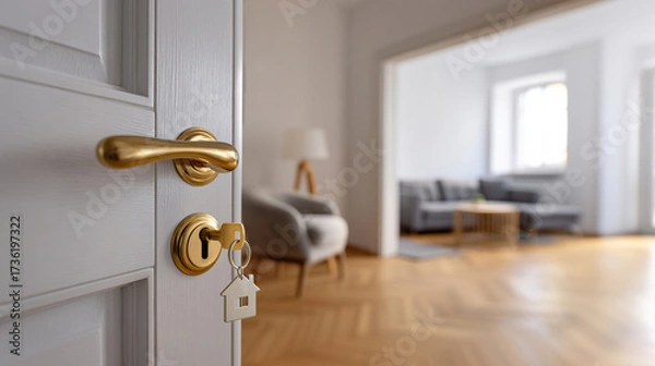 Fototapeta A close-up of a key inserted into a door lock, opening a bright, modern living room. Background for real estate purchases, rentals, and interior design, suitable for banners and posters