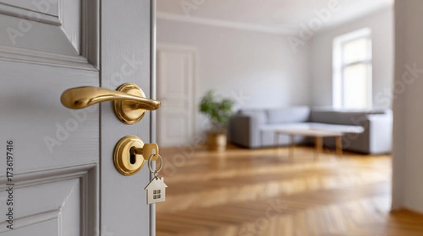 Fototapeta An open door to a new home with a key and a house-shaped keychain. Mortgages, investments, real estate, real estate background, and the concept of a new home
