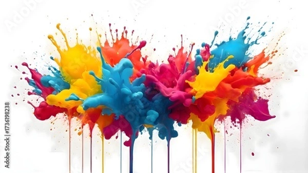 Fototapeta Brightly colored paint splattered across a white surface with a light background, creating an abstract artistic texture full of vivid tones and expressive creative energy