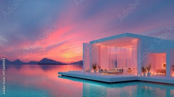 Fototapeta A minimalist cliffside retreat with cantilevered architecture, glass railings, and a sunset view from the open lounge area