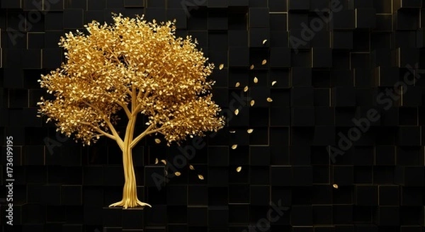 Fototapeta 3D golden tree on black cube backdrop — upscale modern decorative wall mural