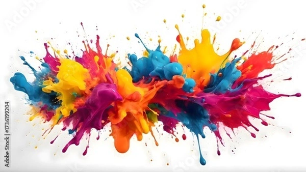 Fototapeta Brightly colored paint splattered across a white surface, creating vibrant abstract textures and expressive patterns in a dynamic and visually engaging artistic composition
