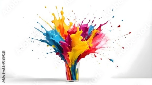 Fototapeta Brightly colored paint splattered inside a glass vase placed on a white surface, showing vibrant textures, dynamic patterns, reflections, and artistic creative composition