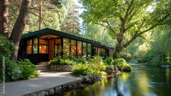 Fototapeta A Scandinavian summer cabin with black timber cladding, large windows, and a cozy outdoor sauna by a forest lake